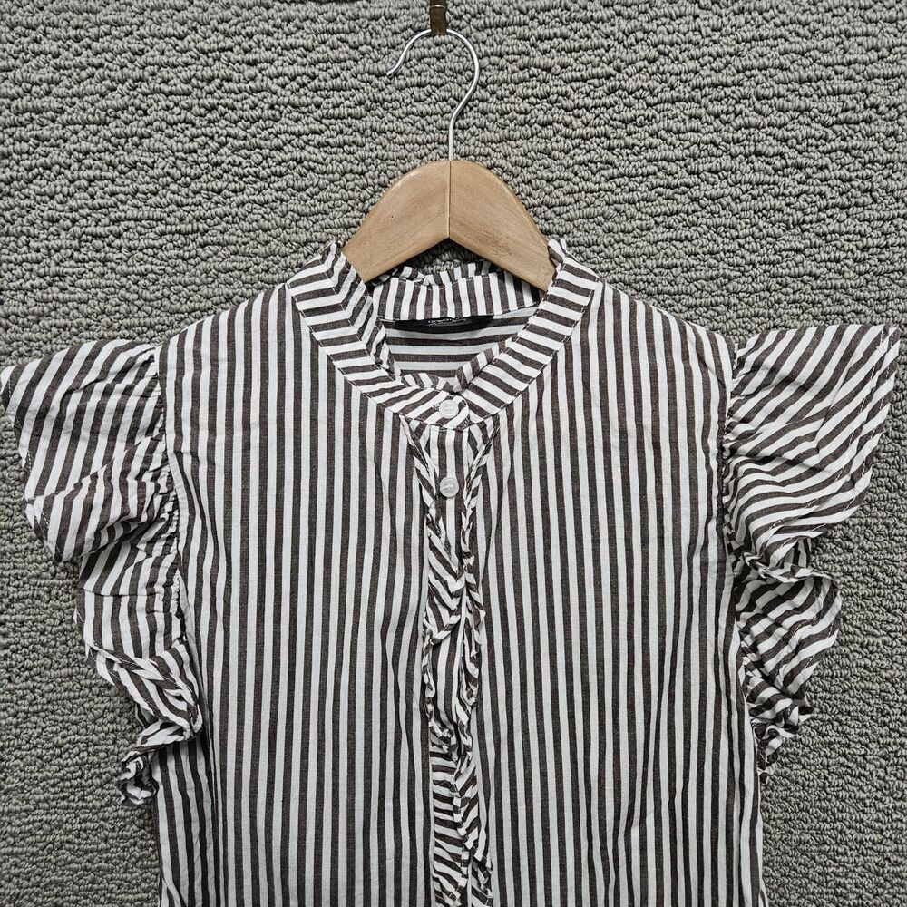 DOKOTOO Women’s Brown White Striped Ruffle Sleeve Button Front Blouse Size M - Picture 2 of 6
